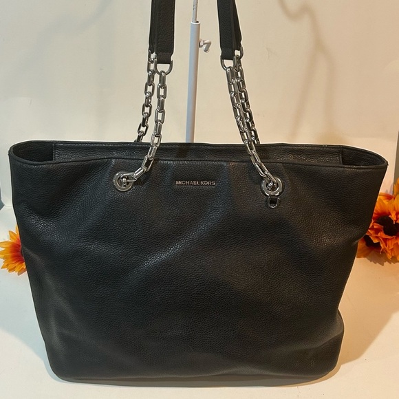 Michael Kors Black Leather Chain Strap Zip Tote Shoulder Bag Large - Picture 3 of 12